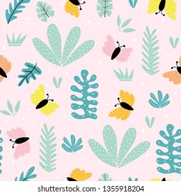 Seamless pattern with butterflies and plants in cartoon style on pink background. Vector illustration for children for fabric, wallpaper and other surfaces.