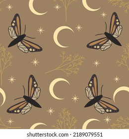 Seamless pattern with butterflies, plants, moon, stars. Boho mystical celestial clipart. Vector Illustration.