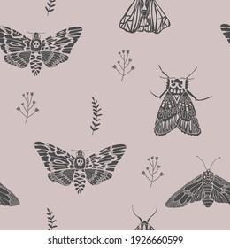 Seamless pattern with butterflies and plants. Suitable for wrapping paper, leanen, textiles. Ecostyle.
