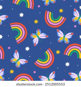 Patrón sin fisuras de mariposas, arco iris y estrellas. Gráficos de Vector.