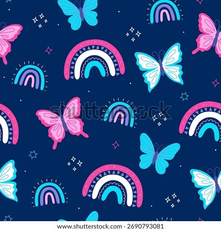 Seamless pattern with butterflies and rainbows. Vector graphics.