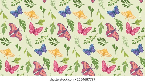 Seamless pattern with butterflies. Repeating design element for printing on fabric. Spring season flora and fauna. Aesthetics and elegance. Wallpaper and texture. Flat vector illustration