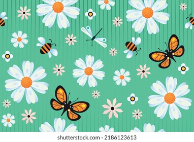 Seamless pattern with butterflies. Repeating image for printing on wrapping paper. Insects, meadows and spring season. Plants and flora, flowers, wildlife and nature. Cartoon flat vector illustration