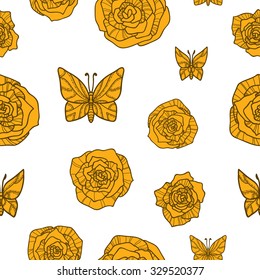 Seamless pattern with butterflies and roses. Seamless flower, floral, abstract hand-drawn pattern.
