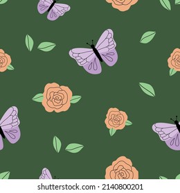 Seamless pattern with butterflies and roses on a green background. Romantic light vector pattern in hand-drawn flat style. Perfect for wallpaper, textiles, women's clothing or accessories