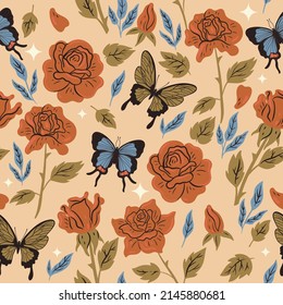Seamless pattern with butterflies and roses. Vector graphics.