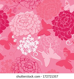 Seamless pattern with butterflies silhouettes and hand drawn flowers - abstract background in pink colors