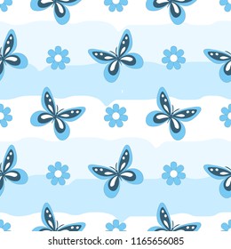 seamless pattern with butterflies and simple flowers on blue and white background