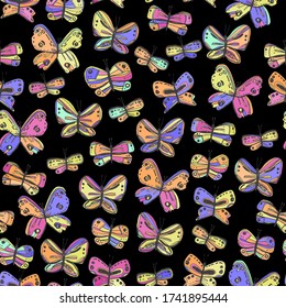 Seamless pattern butterflies. sketch  drawing doodle lines scandinavian style grunge texture. Nursery decor trend of the season, Gift wrap, fabrics, wallpapers, black colorful background. Vector 