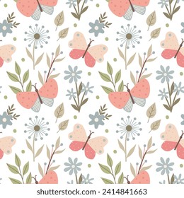 Seamless pattern with butterflies. Spring and summer floral print for design, gift wrapping paper. Pastel colored simple vector background