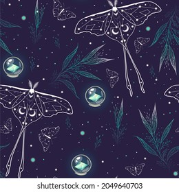 Seamless pattern butterflies in the starry sky. Night butterfly and herbs. Design for card, fabric, print, greeting, cloth, poster, clothes, textile.