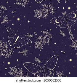 Seamless pattern butterflies in the starry sky. Night butterfly and herbs. Design for card, fabric, print, greeting, cloth, poster, clothes, textile.