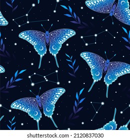 Seamless pattern butterflies in the starry sky. Night butterfly and herbs. Design for card, fabric, print, greeting, cloth, poster, clothes, textile.