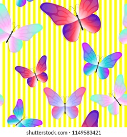 Seamless pattern with butterflies. Striped background with butterflies. Bright, effective and modern print.