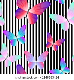 Seamless pattern with butterflies. Striped background with butterflies. Bright, effective and modern print.