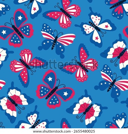Seamless pattern with butterflies in the style of the 4th of July celebration. Vector graphics.
