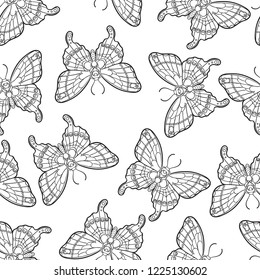 Seamless pattern with butterflies. Stylised moth in line art style. Black and white vector illustration.