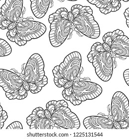 Seamless pattern with butterflies. Stylised moth in line art style. Black and white vector illustration.