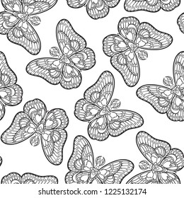 Seamless pattern with butterflies. Stylised moth in line art style. Black and white vector illustration.
