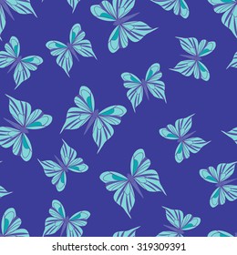 Seamless pattern with butterflies. Summer background. Vintage texture. Blue backdrop. Vector illustration.