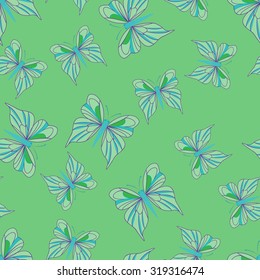 Seamless pattern with butterflies. Summer background. Vintage texture. Green backdrop. Vector illustration.