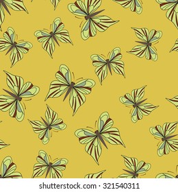 Seamless pattern with butterflies. Summer background. Vintage texture. Yellow backdrop. Vector illustration.