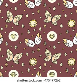 Seamless pattern with butterflies and suns and gems. Magic ornament.