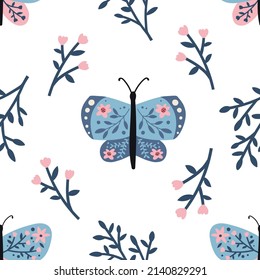 Patrón sin foco con mariposas y ramitas. Alas con un adorno decorativo. Ilustración del vector
