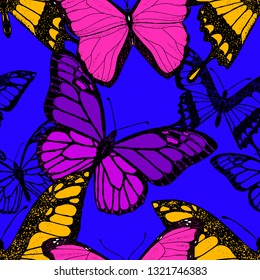 Seamless pattern of butterflies. Vector cartoon background. 