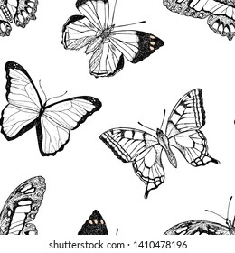 Seamless pattern of butterflies. Vector cartoon background. Hand-drawn style. 