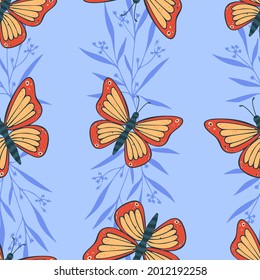 Seamless pattern with butterflies. Vector illustration on a light blue background.