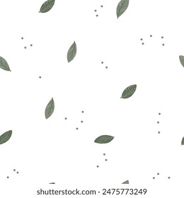 Seamless pattern. Butterflies. Vector illustration. Light background seamless pattern with multi-colored polka dots and leaves. Muted colors. Small drawing. Lots of air. Trendy colors and style.