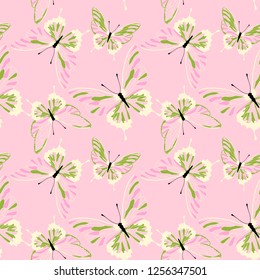 Seamless pattern with butterflies. Vector transparent butterfly on a pink background.