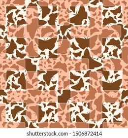 Seamless pattern with butterflies and warped stripes. Vector illustration in cream, brown, tan and coral.