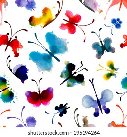 Seamless pattern of butterflies from watercolor blots. Bright watercolor butterflies on white background. Abstract hand-drawn texture.