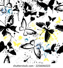 Seamless pattern of butterflies from watercolor blots. Bright graphic butterflies on white background. Abstract hand-drawn texture.