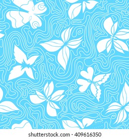 Seamless pattern with butterflies and waves, blue background with butterflies and wavy lines, EPS 8