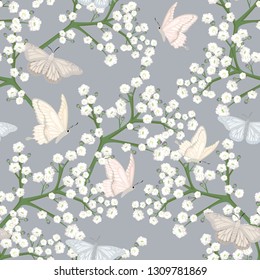 seamless pattern with butterflies and white flowers
