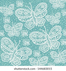 Seamless pattern, butterflies white silhouettes on blue background. Butterfly vector sketch. Texture of water. Vector. Eps 10
