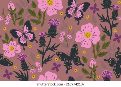 Seamless pattern with butterflies, wild rose and thistle flowers. Vector graphics.