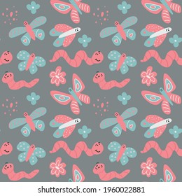 Seamless pattern with butterflies, worms and flowers. Vector seamless background with simple hand drawn doodle illustrations in cute childish style