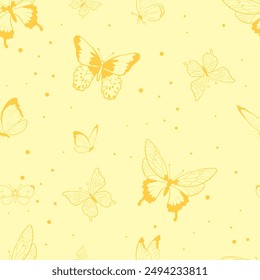 Patrón sin costuras con mariposas y color amarillo. Impresión sin fin con para ropa de mujer, ropa interior, decoración del hogar, Fondo de pantalla u otro uso. Ilustración vectorial.