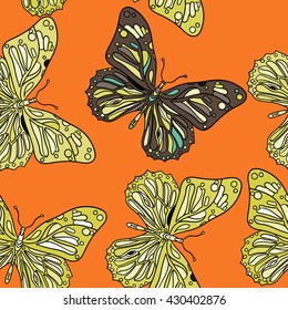 Seamless pattern with butterflies in zentagle style. Hand drawn colored vector illustration.