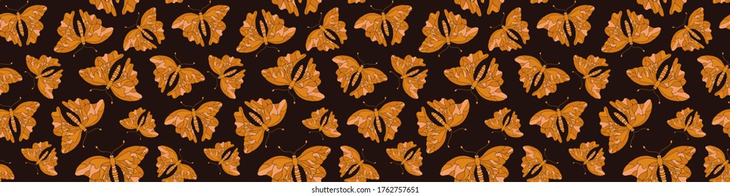 Patrón sin inconvenientes con mariposas.Textura sin fin de insectos anaranjados sobre fondo marrón.Diseño para textiles, Papel tapiz, papel envolvente.Ilustración vectorial.Formato horizontal.