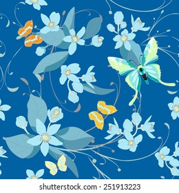 Seamless Pattern with Butterflies,Flowers and Vines