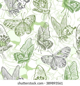 Seamless pattern with butterflies/Ink hand drawn insects on roses background