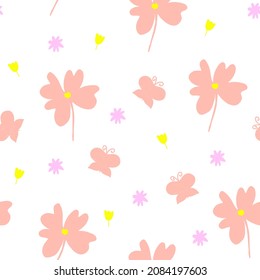 seamless pattern with butterfly and abstract flower,childish print for wallpaper,cover design,kids fabric,nursery interior and birthday decoration,colourful baby shower illustration.