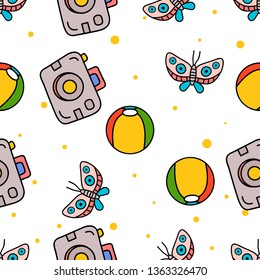 Seamless Pattern of Butterfly, Beachball and pocket Camera hand drawn in cute colorfull doodle vector