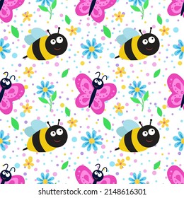 Seamless pattern with butterfly, bee and flowers. Repeating vector pattern with insects. An idea for holiday invitations,children's creativity, for paper, fabric, textiles, gift wrapping, advertising.