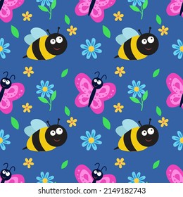 Seamless pattern with butterfly, bee and flowers. Repeating vector pattern with insects. An idea for holiday invitations,children's creativity, for paper, fabric, textiles, gift wrapping, advertising.